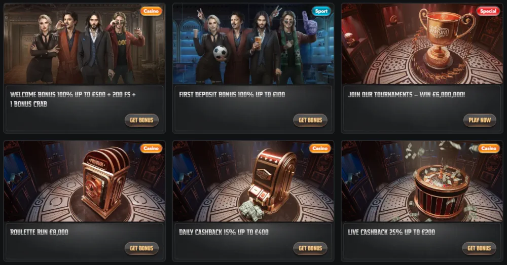 Gransino welcome package and casino tournament promotional tiles.