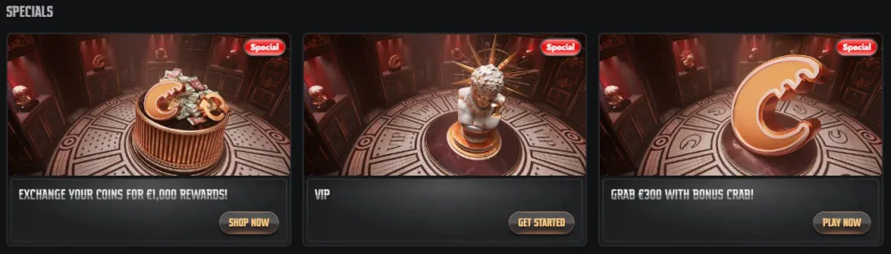 Gransino specials section featuring VIP status and Bonus Crab rewards.